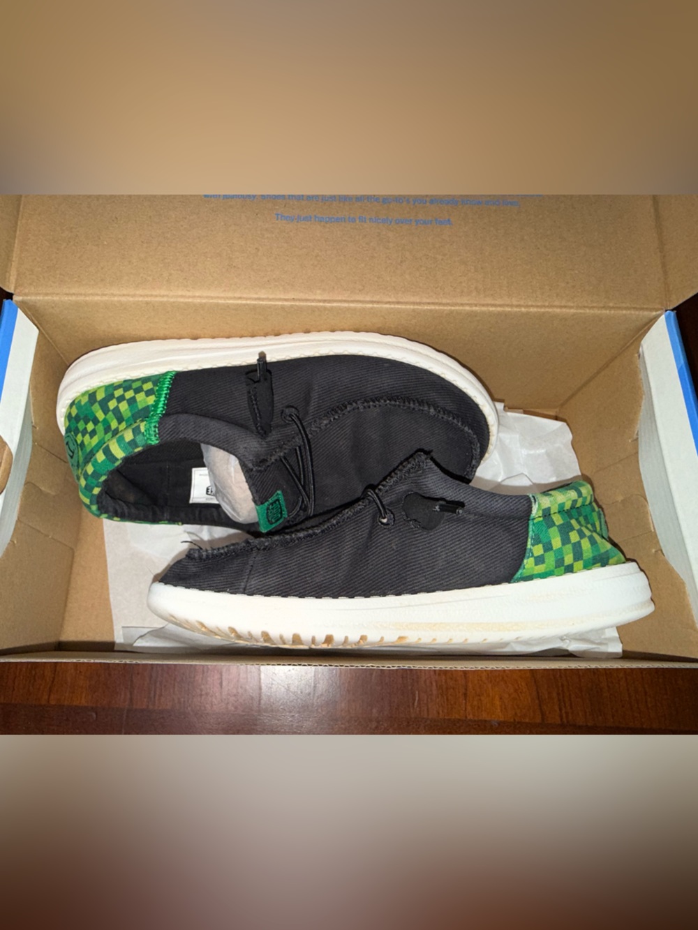 Hey Dude Kids Black Sneakers with Green Checker Heel